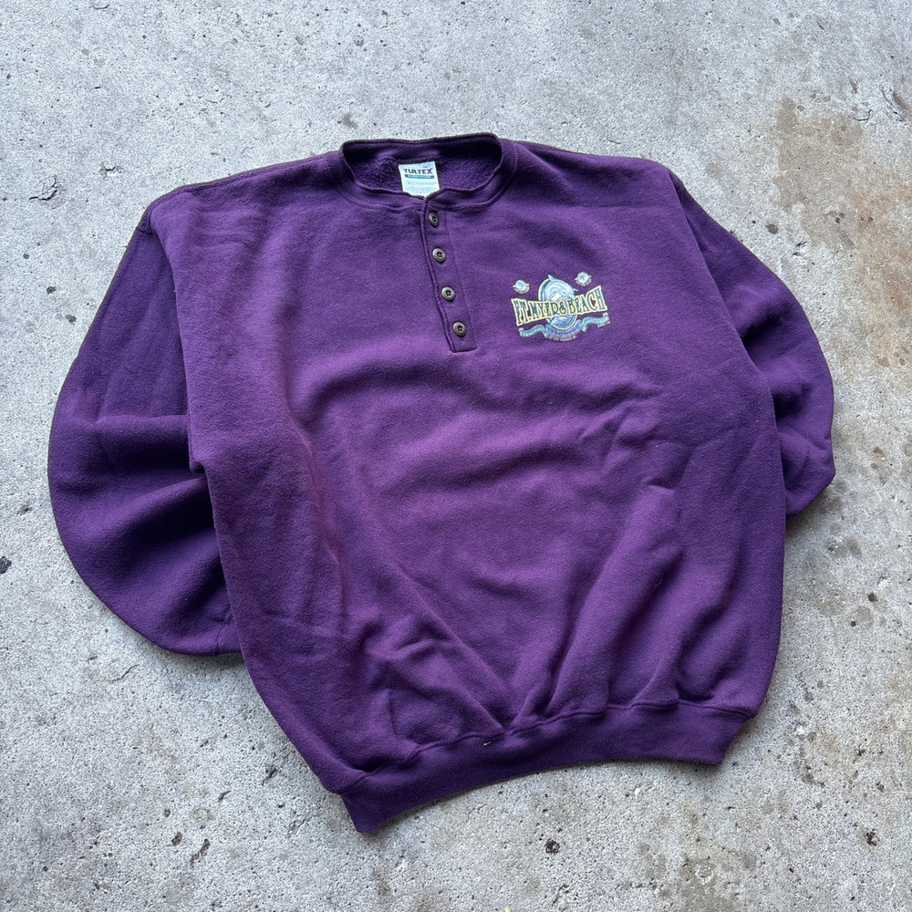 Vintage Tultex Superweight Henley Sweatshirt XL Purple Ft Myers Beach Florida